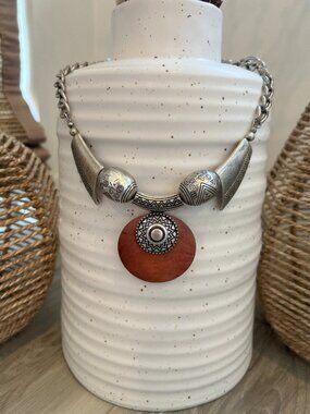 Silver and Wood bib Statement Necklace